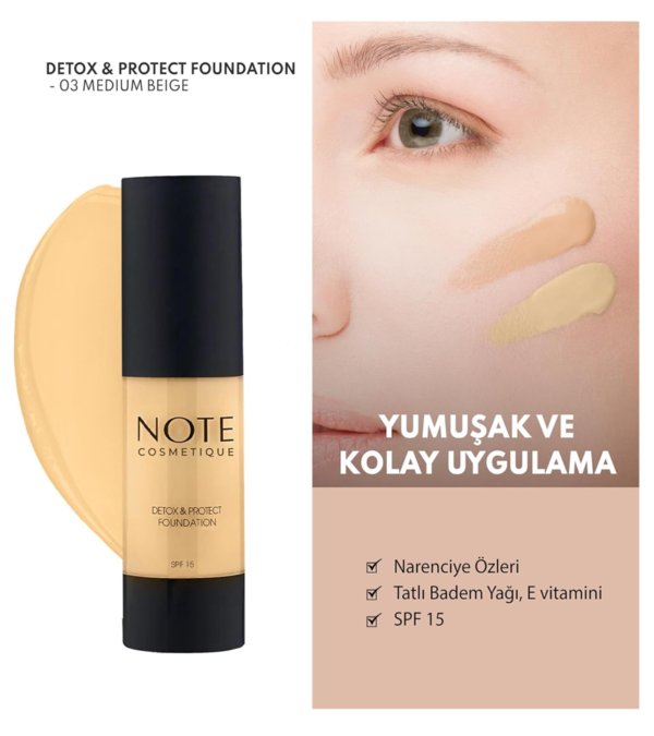 "Note Detox and Protect Foundation 03 Pump - Medium Beige: Hydrating, Lightweight, SPF Protection, Flawless Coverage"