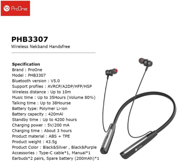 ProOne PHB3307 Bluetooth Neckband Headphones offer 35-hour playtime, wireless connectivity, and extra - Image 4