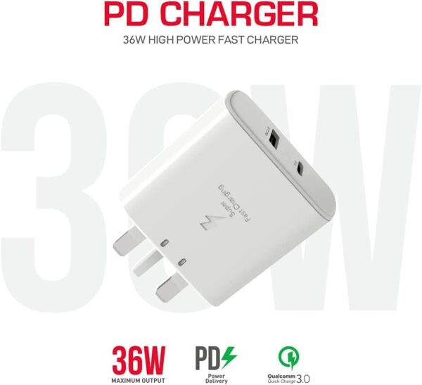 Trands fast charging 36W PD and QC 3.0 Charger with Type-C to Type-C cable for efficient power. - Image 2