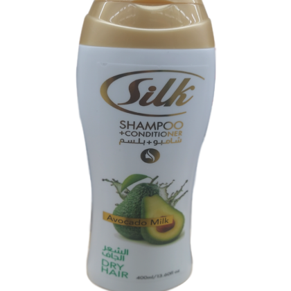 Silk Shampoo + Conditioner with Avocado Milk for moisturizing and repairing dry hair.