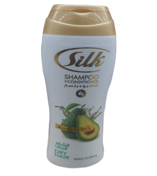 Silk Shampoo + Conditioner with Avocado Milk for moisturizing and repairing dry hair.