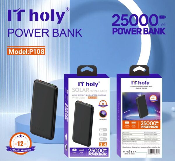 Solar Power Bank Large Capacity & High Speed Charging With Light 25000mAh (12 Month Warranty) - Image 2