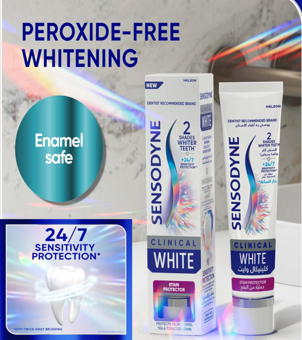 Sensodyne Clinical White toothpaste whitens, protects against stains, and freshens breath for sensitive teeth. - Image 2