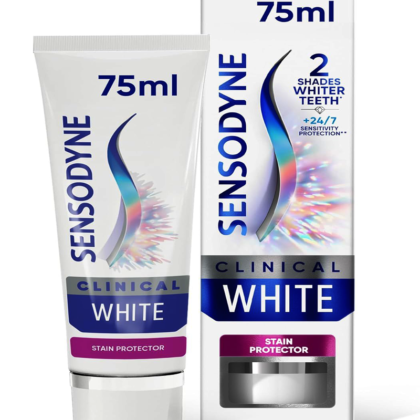 Sensodyne Clinical White toothpaste whitens, protects against stains, and freshens breath for sensitive teeth.