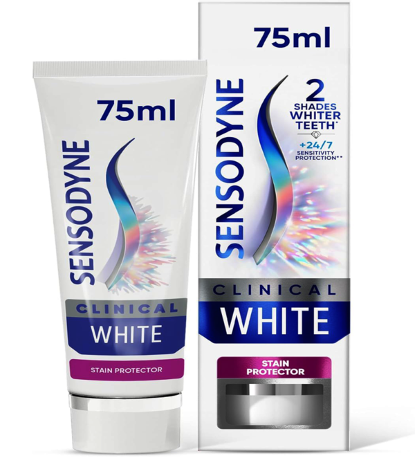 Sensodyne Clinical White toothpaste whitens, protects against stains, and freshens breath for sensitive teeth.