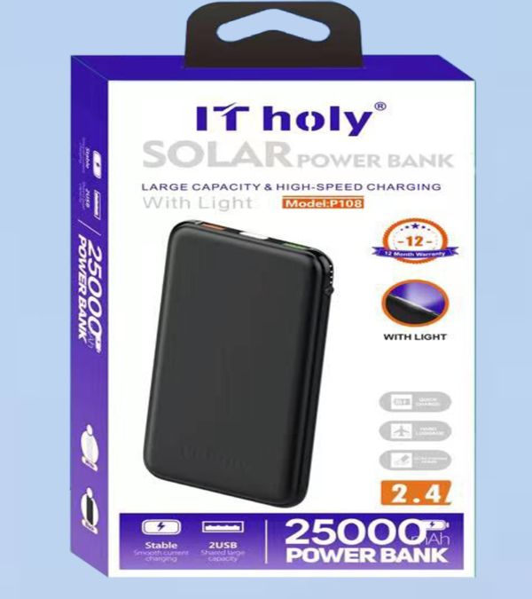 Solar Power Bank Large Capacity & High Speed Charging With Light 25000mAh (12 Month Warranty)